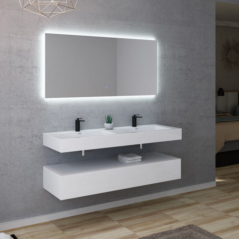 Meuble de salle de bain suspendu blanc, meuble 2 vasques 140 cm